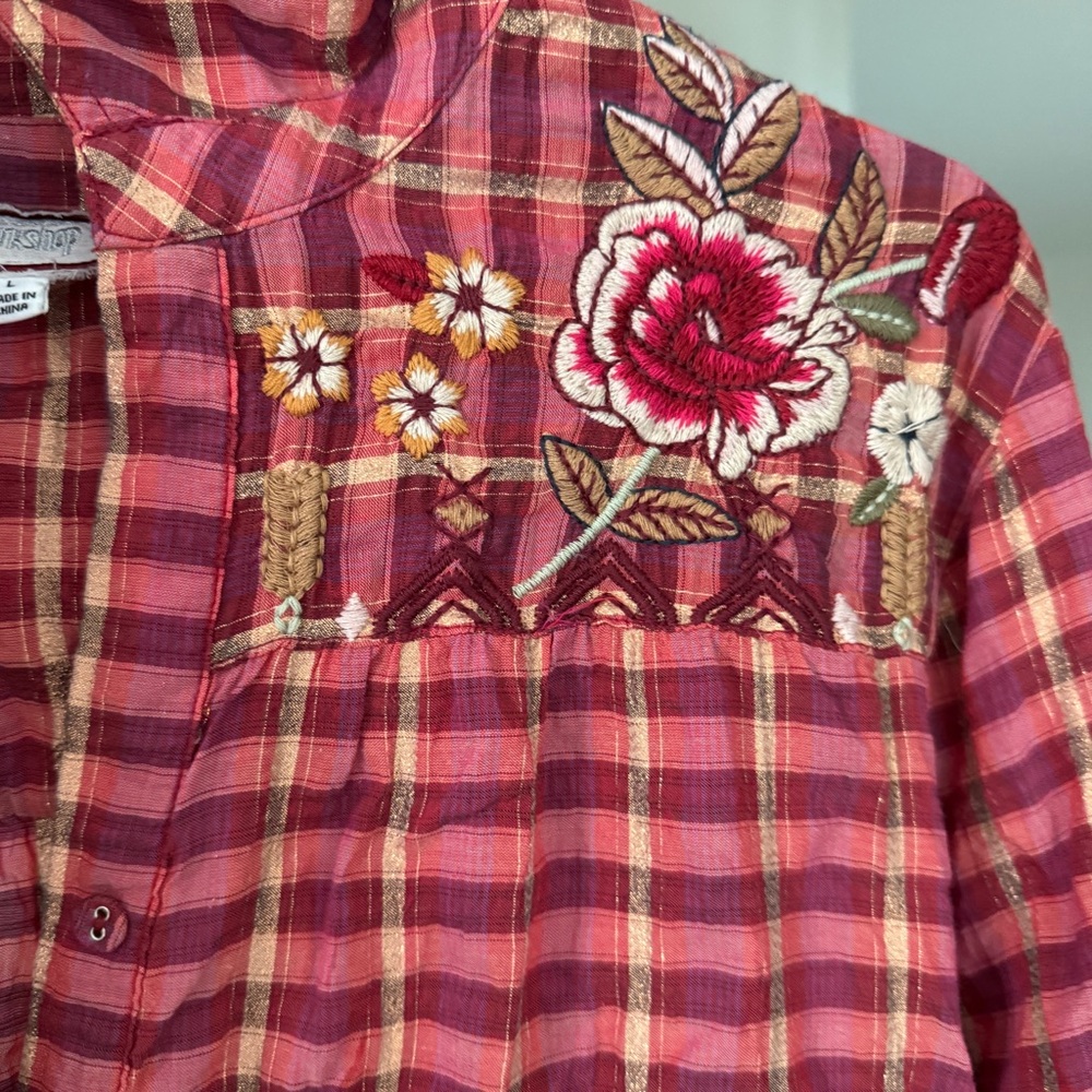 Johnny Was NWT Burgundy Maroon Anacapri Tiered Cotton Mini Dress RARE plaid - Picture 2 of 10